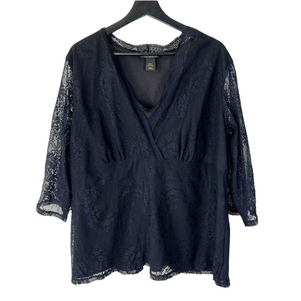 Lane Bryant Black Lace Long Sleeve V Neck Top 22 24